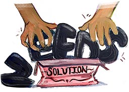 A conceptual sketch of hands shoving the words “needs” into a box marked “solutions.’