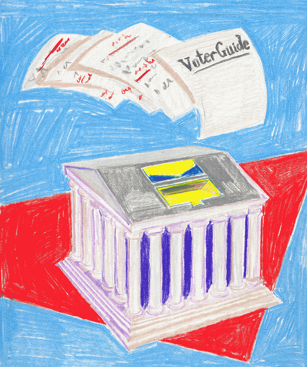 An illustration of ballots going into a ballot box.
